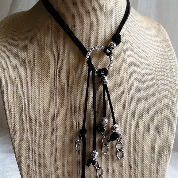 Suede Cord Silver Tone Bead/Chains Lariat necklace - Picture 1 of 8